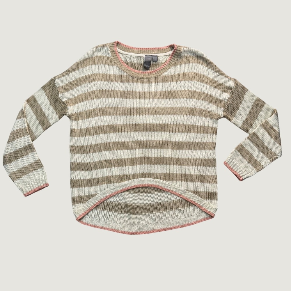 Quinn Striped High-Low Knit Sweater Size Medium Casual Relaxed Tan Cream Pink